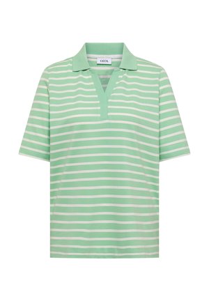 Lichtgroen en wit horizontaal gestreept kortärmelig polohemd met groene kraag en V-hals knoopsluiting.