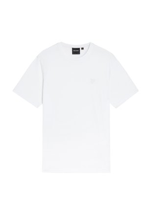 Weißes Baumwoll-T-Shirt mit kurzen Ärmeln, rundem Halsausschnitt und einem dezent eingestickten Logo auf der linken Brust. Glatte Textur, normale Passform.