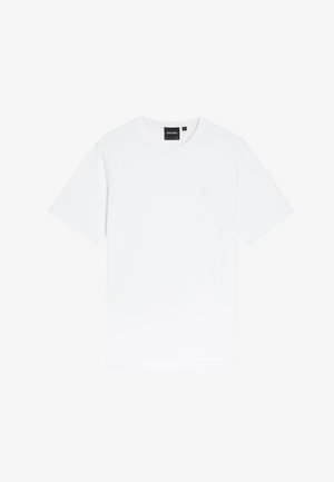 Weißes Baumwoll-T-Shirt mit kurzen Ärmeln, rundem Halsausschnitt und einem dezent eingestickten Logo auf der linken Brust. Glatte Textur, normale Passform.