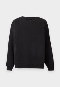 Sweat-shirt noir à manches longues avec col rond, poignets et bas côtelés, présenté sur un fond gris clair.
