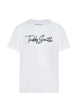 T-shirt blanc à manches courtes avec col rond, arborant "Teddy Smith" écrit en grandes lettres cursives noires sur la poitrine.