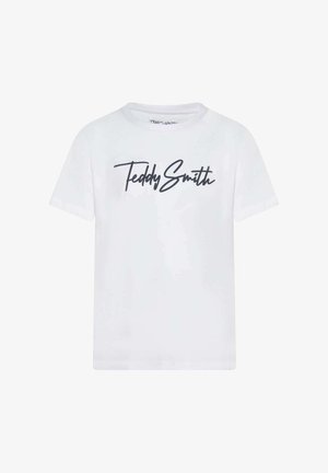 T-shirt blanc à manches courtes avec col rond, arborant "Teddy Smith" écrit en grandes lettres cursives noires sur la poitrine.