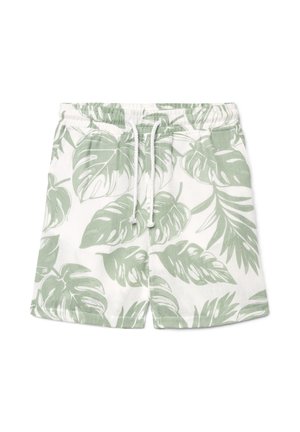 Pantaloncini bianchi con motivo di foglie tropicali verde chiaro e cordino bianco in vita elastica.