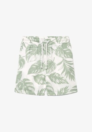 Pantaloncini bianchi con motivo di foglie tropicali verde chiaro e cordino bianco in vita elastica.