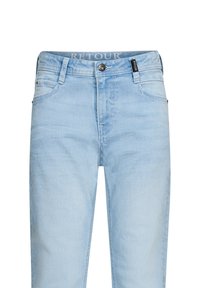 Jeans in denim azzurro chiaro con vestibilità slim, dotati di tasche anteriori e chiusura con zip. Decorati con un cinturino con logo e leggero effetto scolorito.