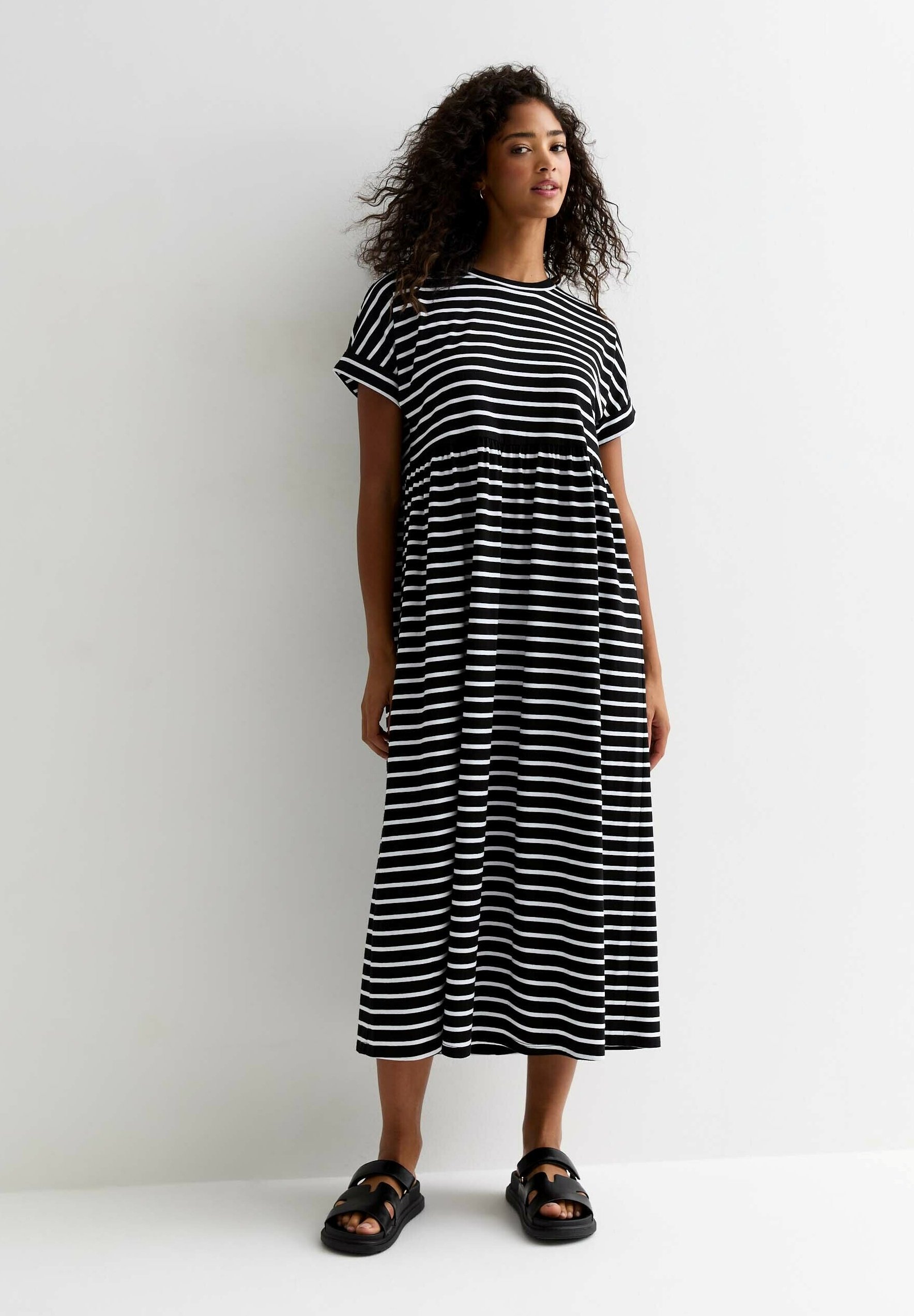 new look striped midi dress Black Striped Drop Waist Puff Sleeve Midi Dress