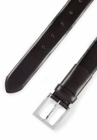 Brown leather belt with a smooth texture, featuring a silver rectangular buckle and multiple holes for size adjustment.