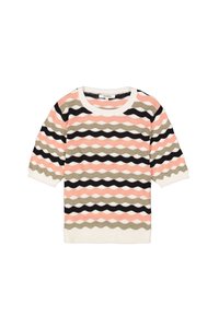 Sweter dziane z krótkim rękawem w faliste poziome paski w czerni, różu, beżu i bieli, z okrągłym dekoltem i ściągaczami przy rękawach.