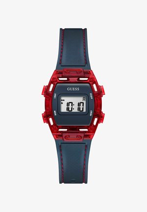 Digital ur med et gennemsigtigt rødt plastikhus, sort ansigt og fede hvide tal. Funktionen inkluderer et sort gummirem med røde syninger.