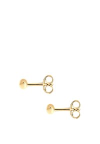 Pendientes de aro en tono dorado con un extremo esférico y un diseño distintivo en forma de lazo, que presenta una superficie lisa y reflectante.