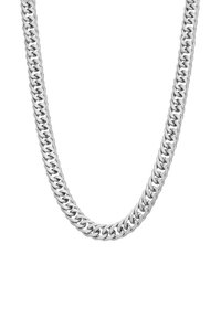 Zilveren ketting met een plat, in elkaar grijpende ontwerp en een gepolijste afwerking. Flexibele schakels creëren een gladde textuur.