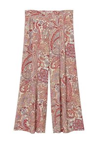 Pantalon à jambes larges avec un motif floral cachemire complexe en rouge, rose et beige sur un fond crème.