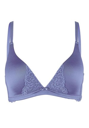 Soutien-gorge violet avec dentelle, à bonnets triangulaires, bretelles ajustables et détails en dentelle festonnée sur le devant. Fini en tissu lisse.