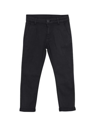 Svarta bomullsbukser med slim fit, med två framfickor, knäppning och uppvikta fållar. Slät textur.