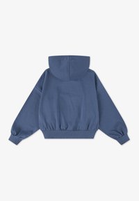 Sweatshirt albastru cu glugă, cu mâneci lungi tip balon și tiv din tricot. Fabricat dintr-un material moale, evidențiind o textură fină și un design simplu.