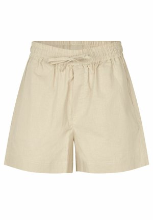 Bežiniai medvilniniai šortai su elastinga juostos, su raišteliu uždarymu ir šoninėmis kišenėmis. Lygus paviršius ir laisvas stovėjimas patogumui.