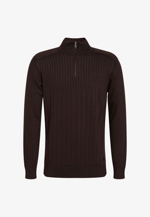 Pullover a coste marrone con colletto a zip a un quarto e maniche lunghe; presenta un motivo testurizzato e polsini aderenti.