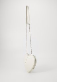 White heart-shaped bag made of smooth material, featuring a zip closure, chain strap, and a simple design without patterns or accents.