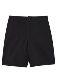 Mustat räätälöidyt shortsit, joissa on nappi- ja vetoketjusuljin, vyölenkit ja tasainen etuosa.