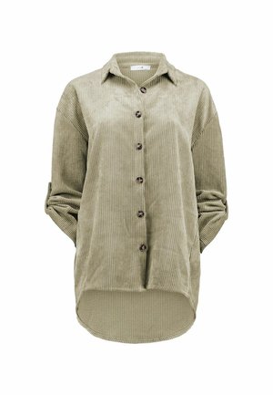 Khaki corduroy shirt with a button-up front, long sleeves, and rolled cuffs. Features a curved hem and ribbed texture.