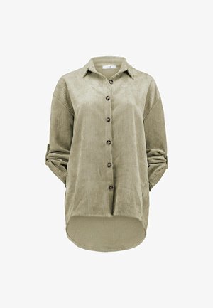 Khaki corduroy shirt with a button-up front, long sleeves, and rolled cuffs. Features a curved hem and ribbed texture.
