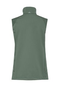 Ärmellose grüne Softshell-Weste mit hohem Kragen, sichtbaren Nahtlinien und kleinem Logo mittig unterhalb des Kragens auf der Rückseite.