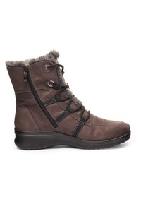 Brauner Winterstiefel mit Fellfutter, seitlichem Reißverschluss, Schnürung vorne und schwarzer Gummisohle, entwickelt für kaltes Wetter und guten Halt.