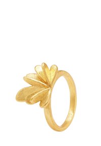 Goldfarbener, metallischer Ring mit einem Blattdesign und strukturierten Akzenten, offenbandig gestaltet und mit einer glatten Innenfläche.