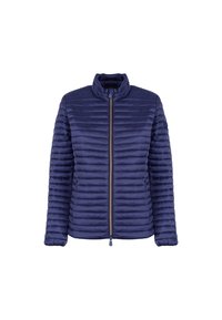 Giacca puffer blu navy con cuciture orizzontali, colletto alto, zip frontale e due tasche laterali. Materiale leggero.