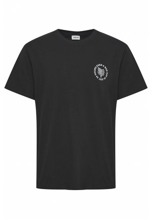 Black cotton t-shirt with short sleeves and a round neckline. Features a white graphic on the left chest with text and floral design.