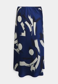 Tyrkysová midi sukně s abstraktním bílým a černým vzorem. Má hladký, hedvábný povrch a elastický pas pro pohodlí.