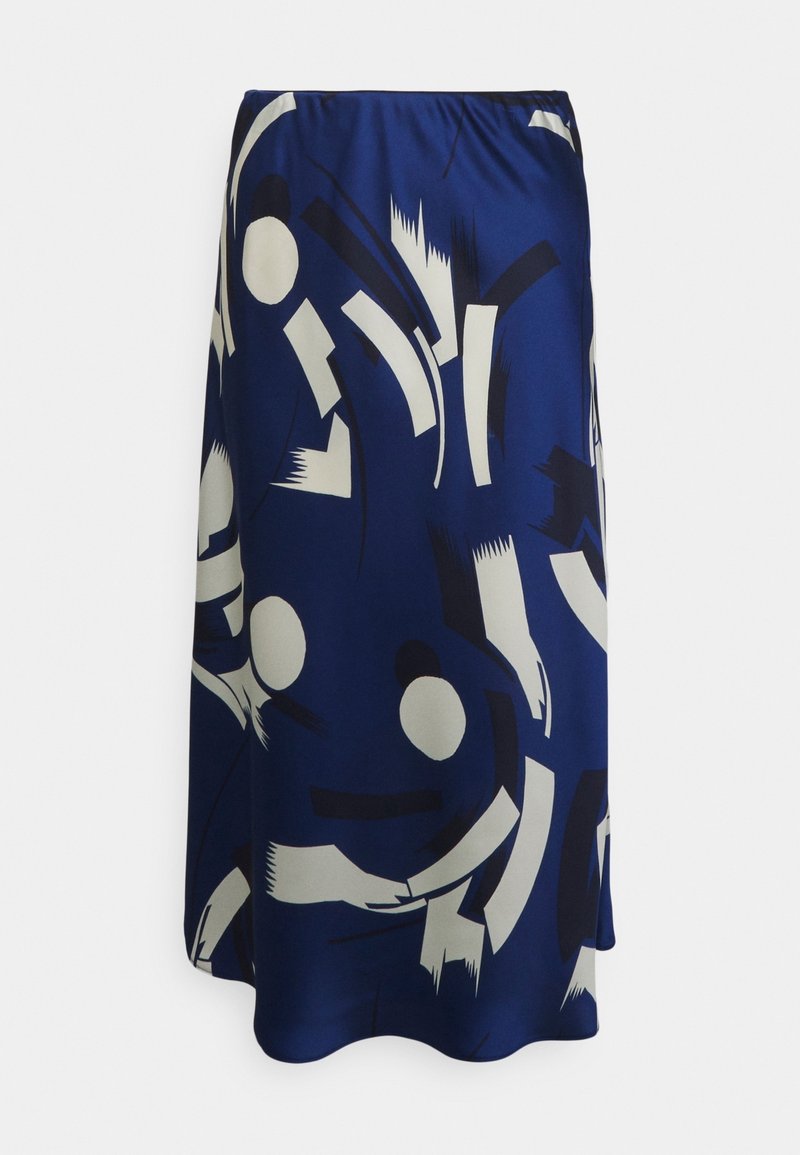 Tyrkysová midi sukně s abstraktním bílým a černým vzorem. Má hladký, hedvábný povrch a elastický pas pro pohodlí.