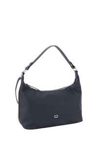 Schwarze rechteckige Handtasche mit einzippbarem Verschluss, kurzem Schultergurt und kleinem silbernen Logo auf der Vorderseite.