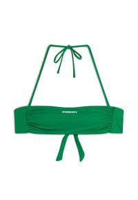 Vihreä bikinitoppi säädettävillä solmittavilla hihnoilla. Sivussa on rypytetty kangas ja edessä valkoinen logo. Yleisesti ottaen sileä pinta.