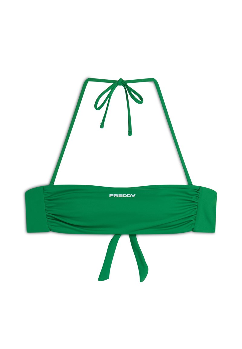 Vihreä bikinitoppi säädettävillä solmittavilla hihnoilla. Sivussa on rypytetty kangas ja edessä valkoinen logo. Yleisesti ottaen sileä pinta.