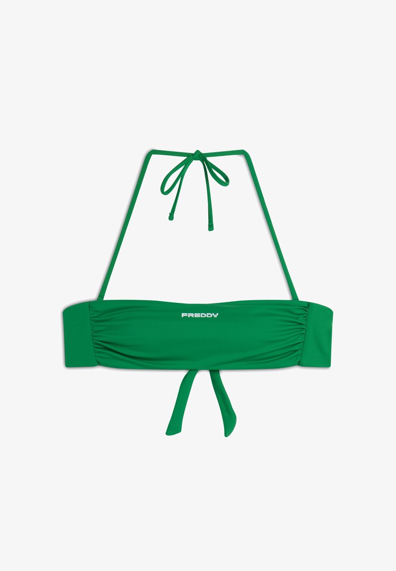 Vihreä bikinitoppi säädettävillä solmittavilla hihnoilla. Sivussa on rypytetty kangas ja edessä valkoinen logo. Yleisesti ottaen sileä pinta.