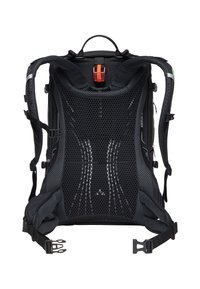 Zaino nero con pannello posteriore in mesh, spallacci imbottiti, fibbie regolabili e maniglia superiore. Il design enfatizza la ventilazione e il supporto.