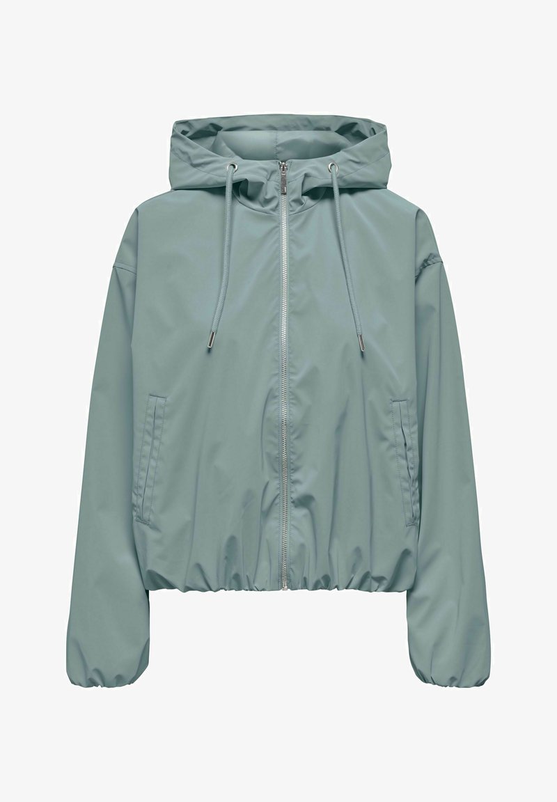 Veste à capuche bleu clair avec fermeture éclair frontale, capuche à cordon de serrage, poignets élastiques et deux poches latérales.