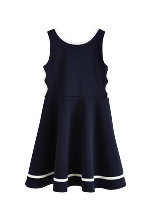 Marineblaues ärmelloses Kleid mit weißer Einfassung am Ausschnitt, seitlichen Ausschnitten und Saum, mit tailliertem Oberteil und ausgestelltem Rock.