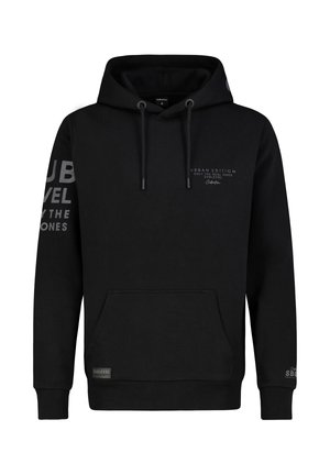 Zwarte hoodie van een katoenmix, met een voorzak, verstelbare trekkoorden en geprinte tekstaccenten op de mouwen en de borst.