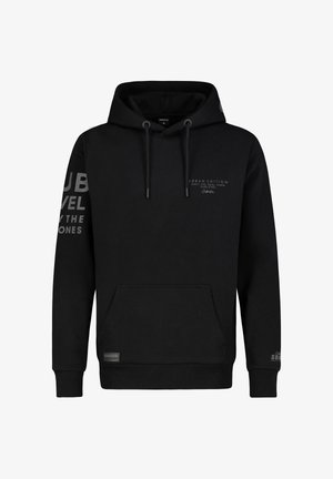 Zwarte hoodie van een katoenmix, met een voorzak, verstelbare trekkoorden en geprinte tekstaccenten op de mouwen en de borst.