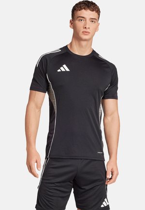 Black athletic shirt with short sleeves, featuring white accents and three stripes on shoulders. Made of a smooth, breathable material.
