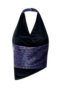 Haut halter noir avec un design drapé texturé en violet et noir. Présente une finition lisse et une fermeture par clip au niveau du cou.