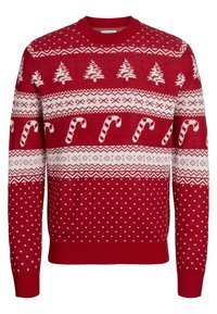 Czerwony sweter z dzianiny z białymi wzorami wigilijnego drzewa i laski cukrowej. Żebrowany okrągły dekolt i mankiety, teksturowane wykończenie z kropkowanym wzorem.