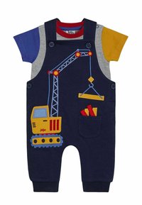 Une combinaison pour enfants bleu marine avec des manches courtes multicolores, ornée d'un design de grue jaune brodé et d'une poche avec des accents rouges.