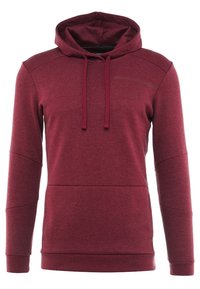 Sweat à capuche bordeaux en tissu doux, doté d'une poche avant, de cordons de serrage et de coutures sportives. Manches longues et coupe décontractée.