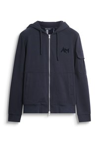 Felpa con zip di colore blu navy realizzata in tessuto morbido, dotata di cappuccio, tasche frontali e una tasca sul braccio sinistro con dettaglio logo nero.
