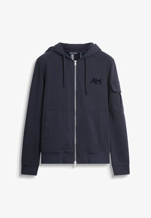 Mornarica zip-up dukserica napravljena od mekanog materijala, s kapuljačom, prednjim džepovima i džepom na lijevoj ruci s crnim logotipom.