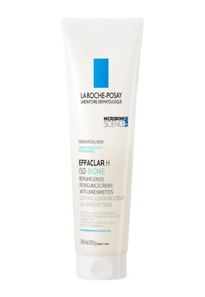White tube with a flip-top cap, featuring blue and black text. Label includes "Effaclar H Iso-Biome" and mentions soothing cleansing cream, 200ml.