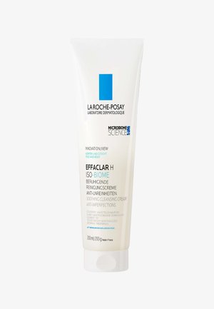 Weißer Tubenbehälter mit Flip-Top-Verschluss, versehen mit blauen und schwarzen Text. Das Etikett enthält "Effaclar H Iso-Biome" und erwähnt eine beruhigende Reinigungscreme, 200 ml.